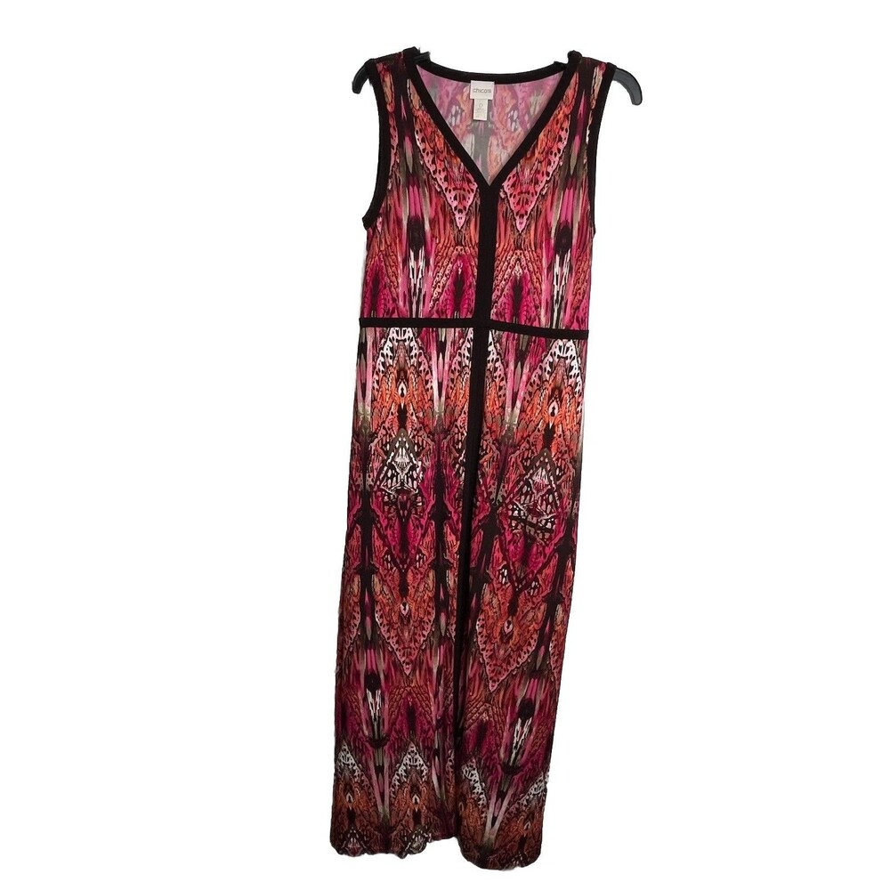 Chicos Tribal Print Dress sz 0 small 4 Maxi Length Boho Art Print Graphic